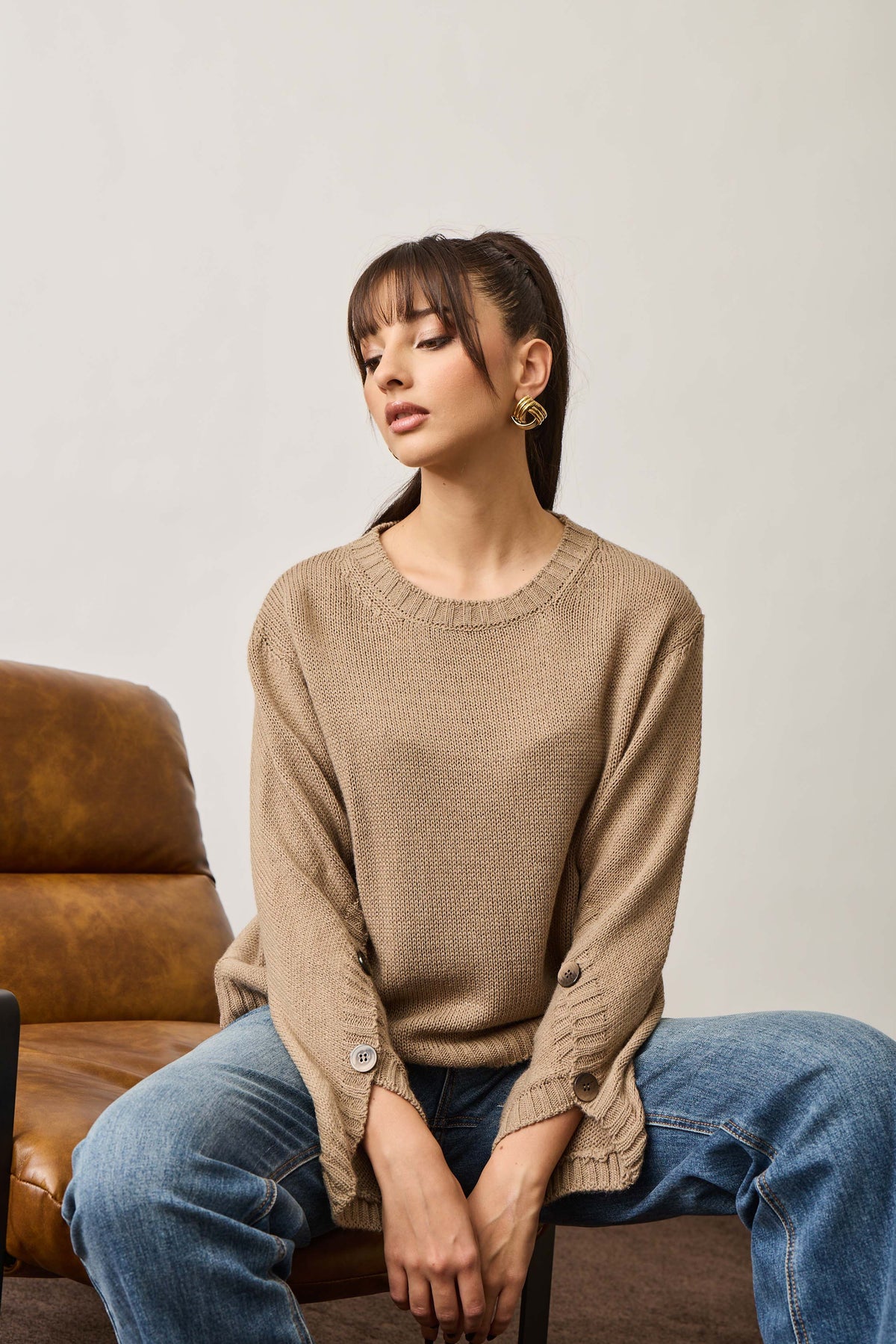 Pull Girocollo Con Bottoni Fango|Colore:Fango