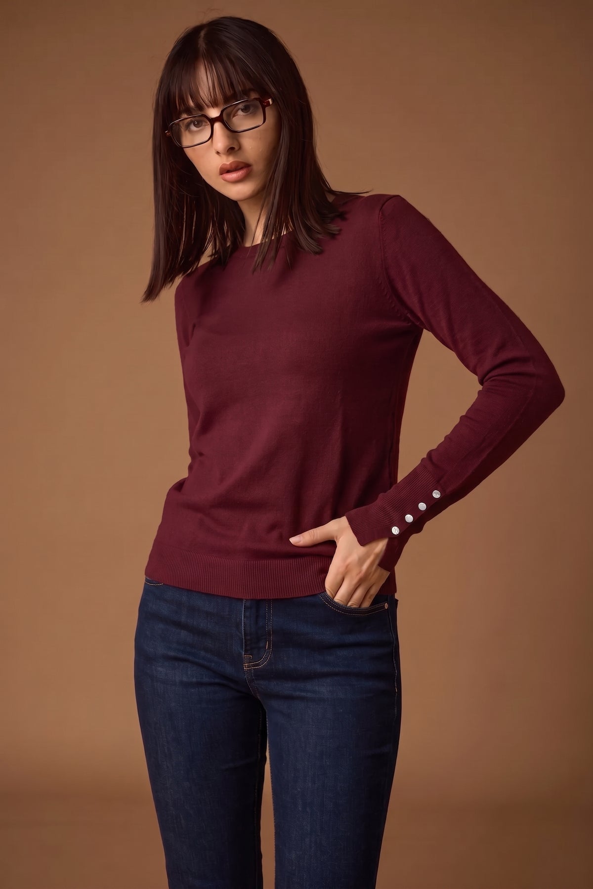 Maglia Girocollo Bottoncini Bordeaux