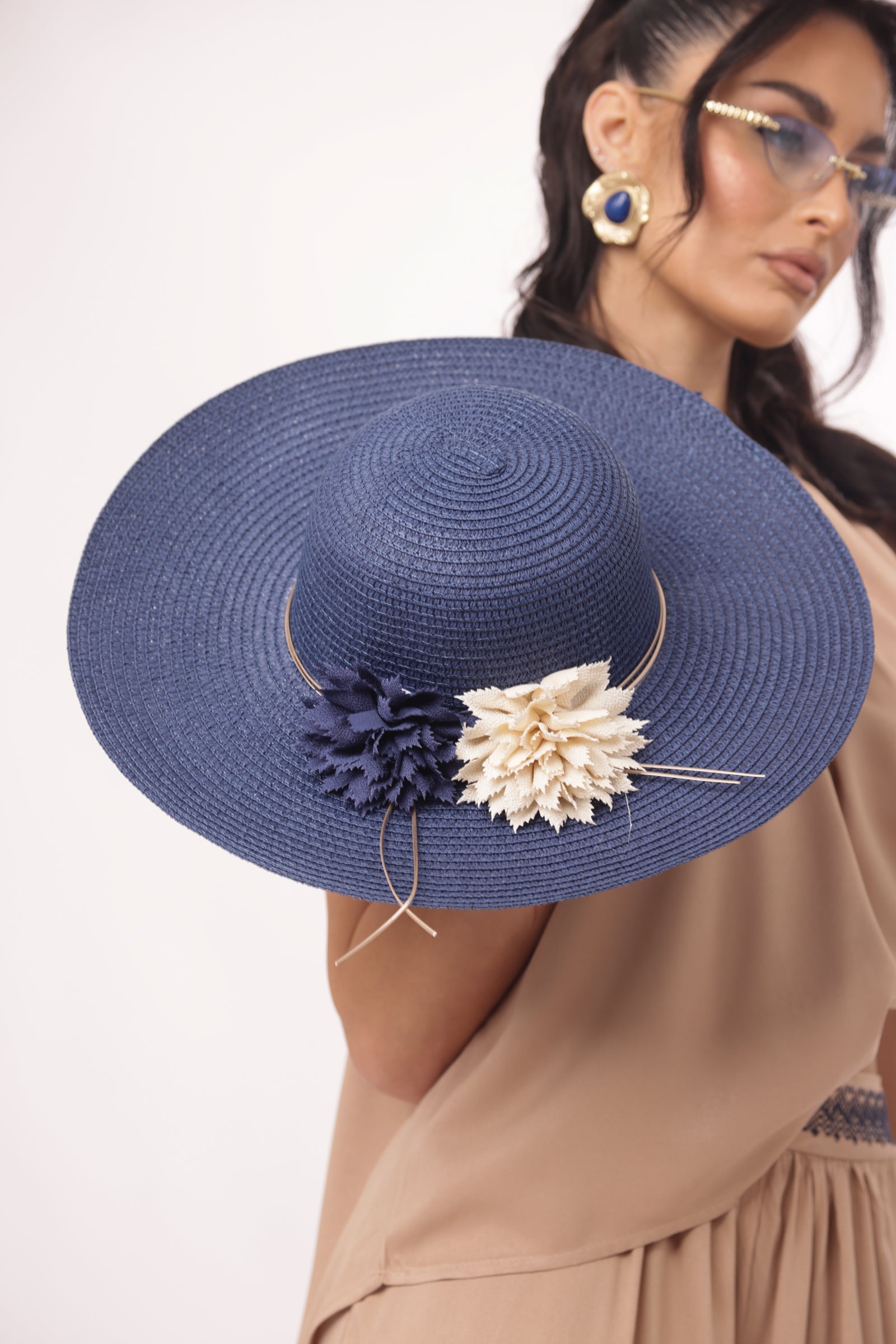 Cappello Rafia Fiore Blu