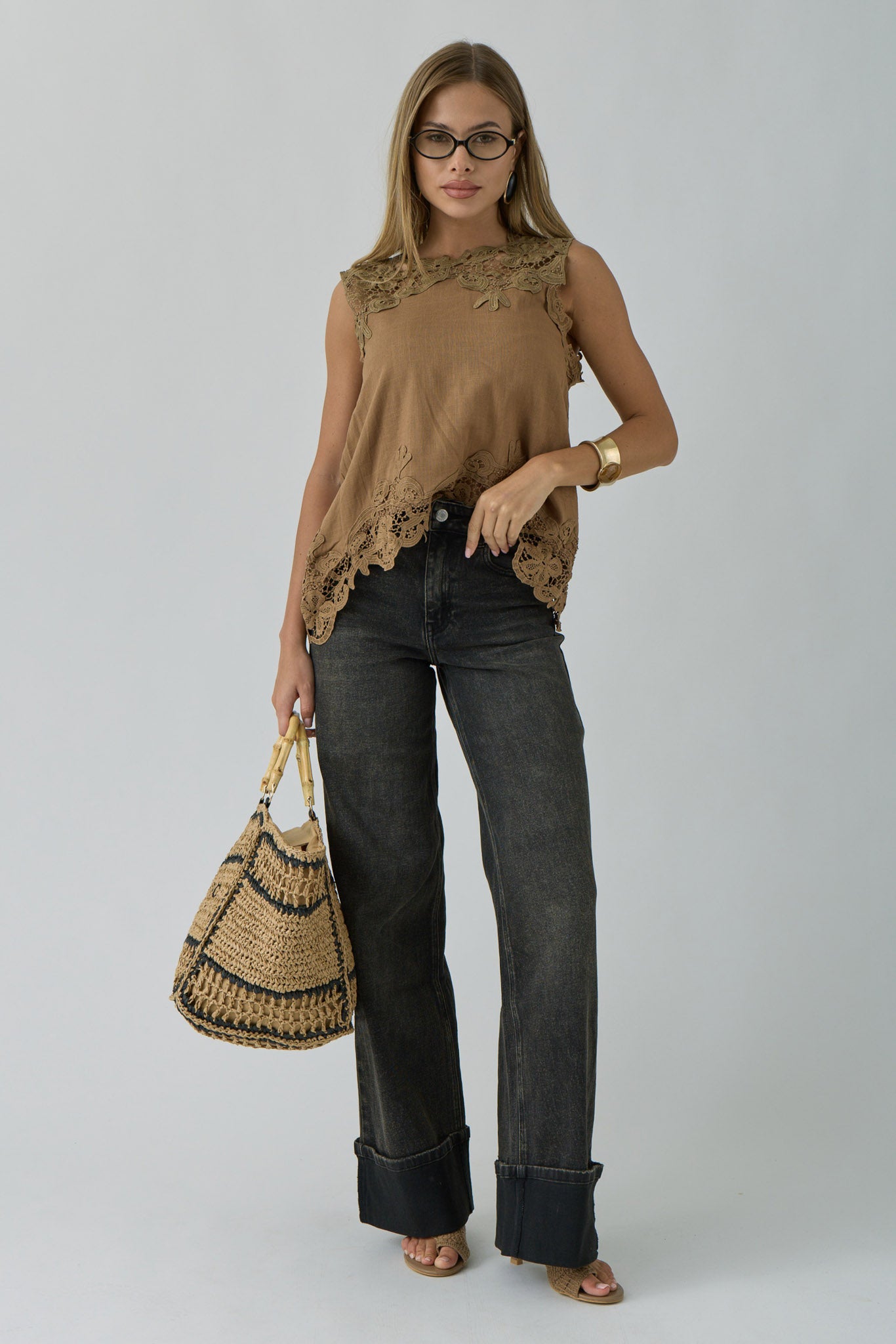 Jeans Con Piegone Denim Nero