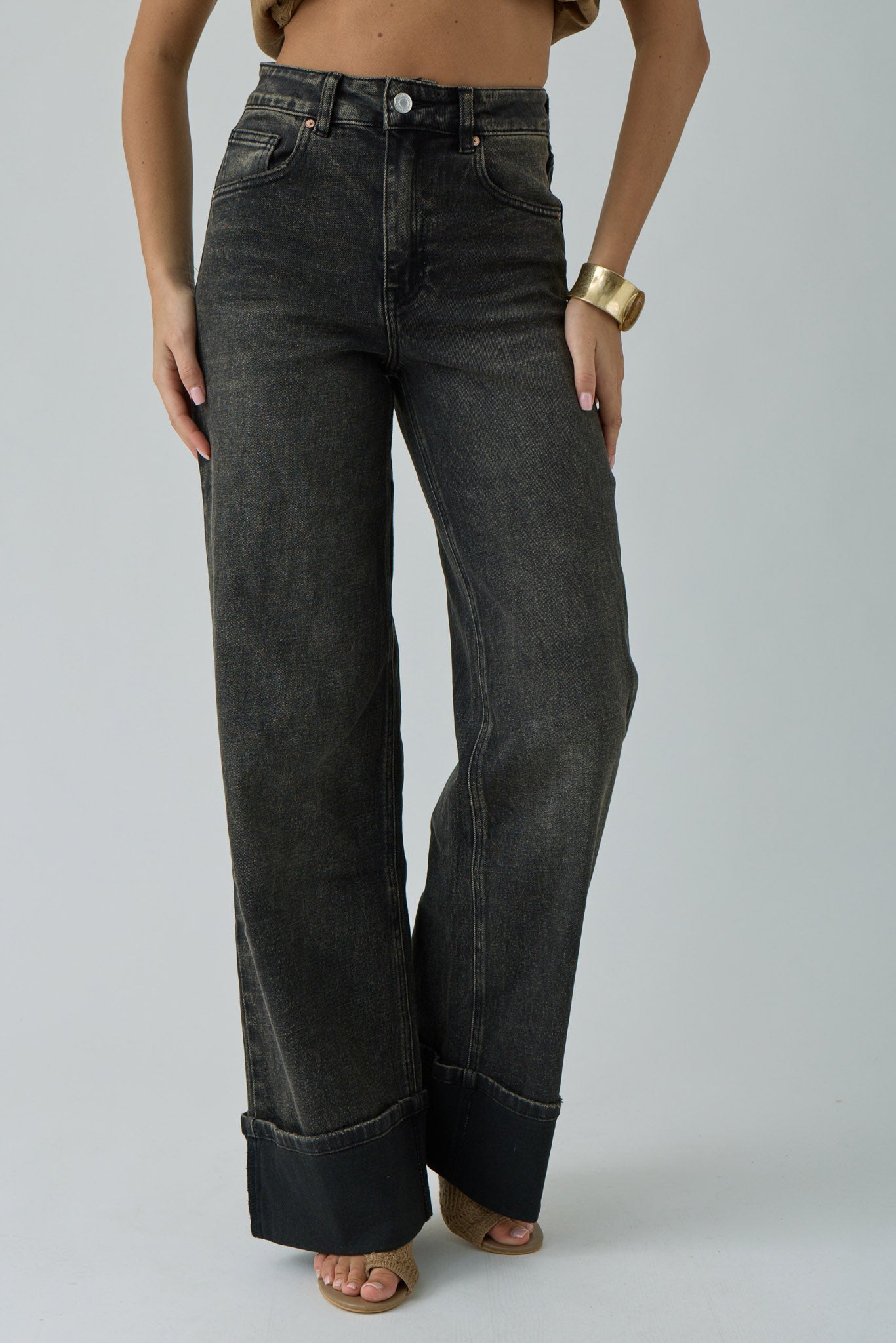 Jeans Con Piegone Denim Nero