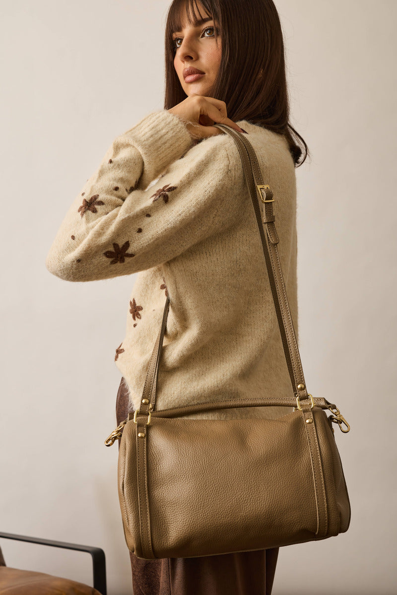 Bauletto In Vera Pelle Taupe