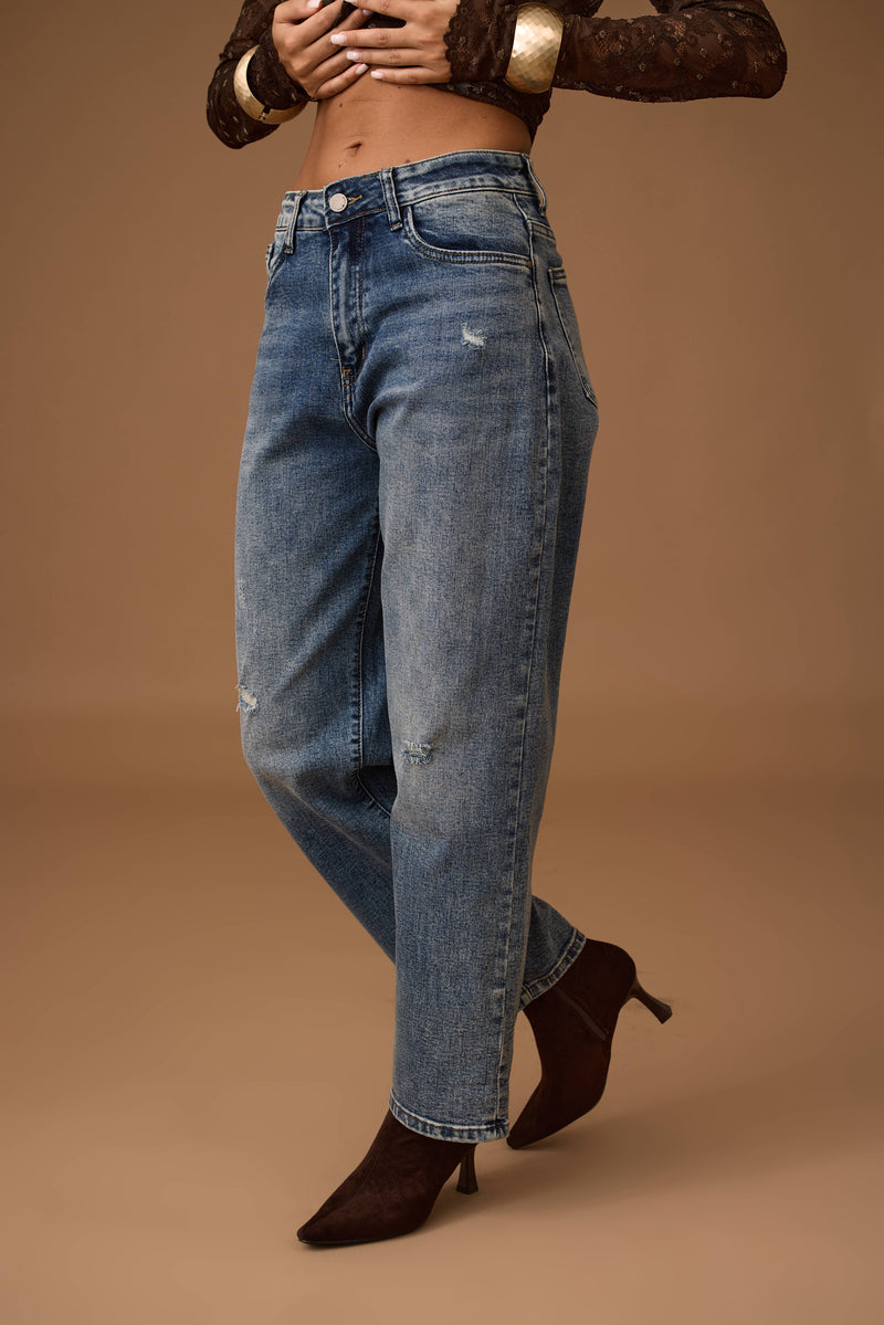 Jeans Boyfriend Con Strappi Denim