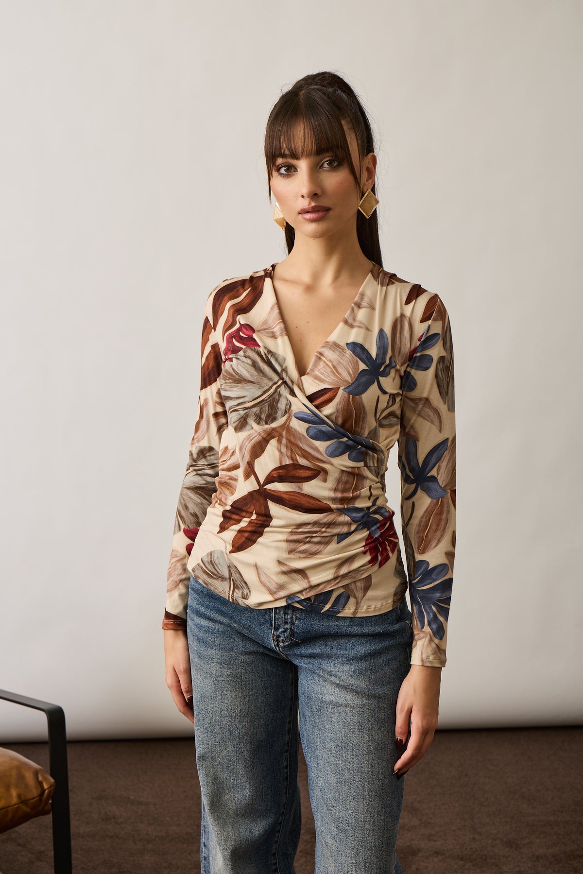 Maglia Incorcio Fantasia Foglie Beige