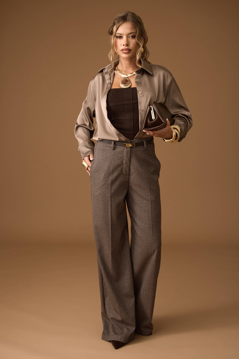 Pantalone Palazzo Pied De Poule Tabacco