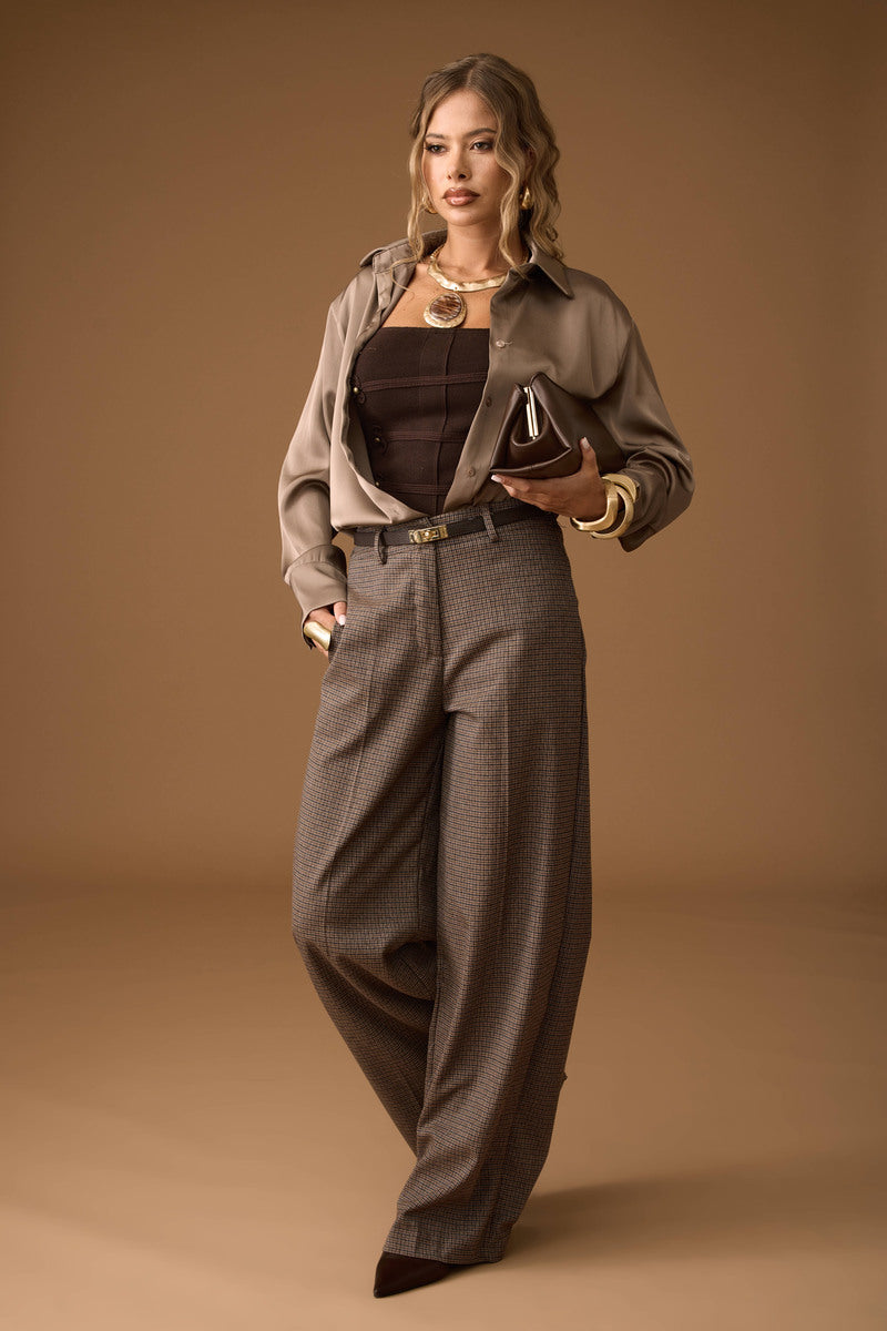 Pantalone Palazzo Pied De Poule Tabacco