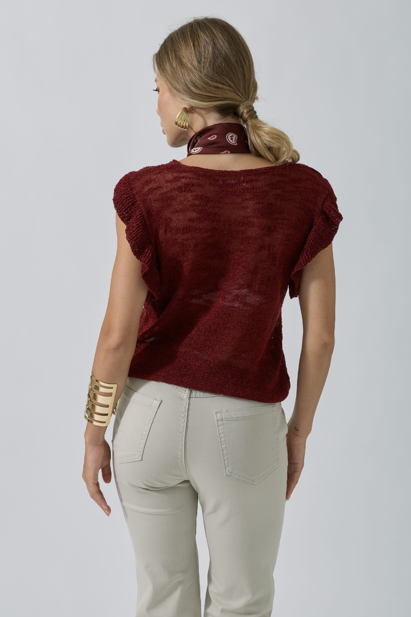 Maglia Scollo V Volant Bordeaux